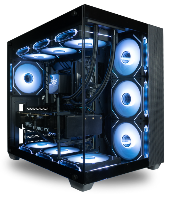 The Panorama Gaming Desktop is brought to life in an immersive and visually stunning gaming environment with views of its powerful internal components.