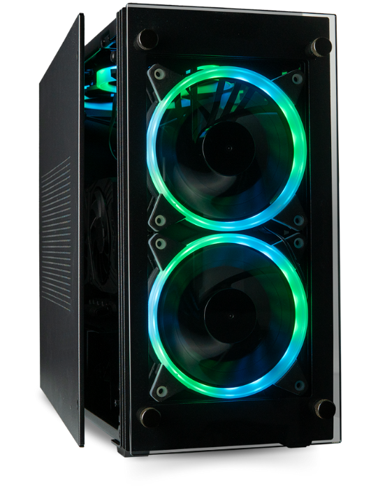 Top to bottom front panel side vents, dual side panel doors, plus 2 front and 2 top mounted high airflow PWM RGB fans will have your system feeling cool